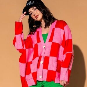 Dressed In LaLa Love You Oversized Checkerboard
Cardigan in Red + Pink